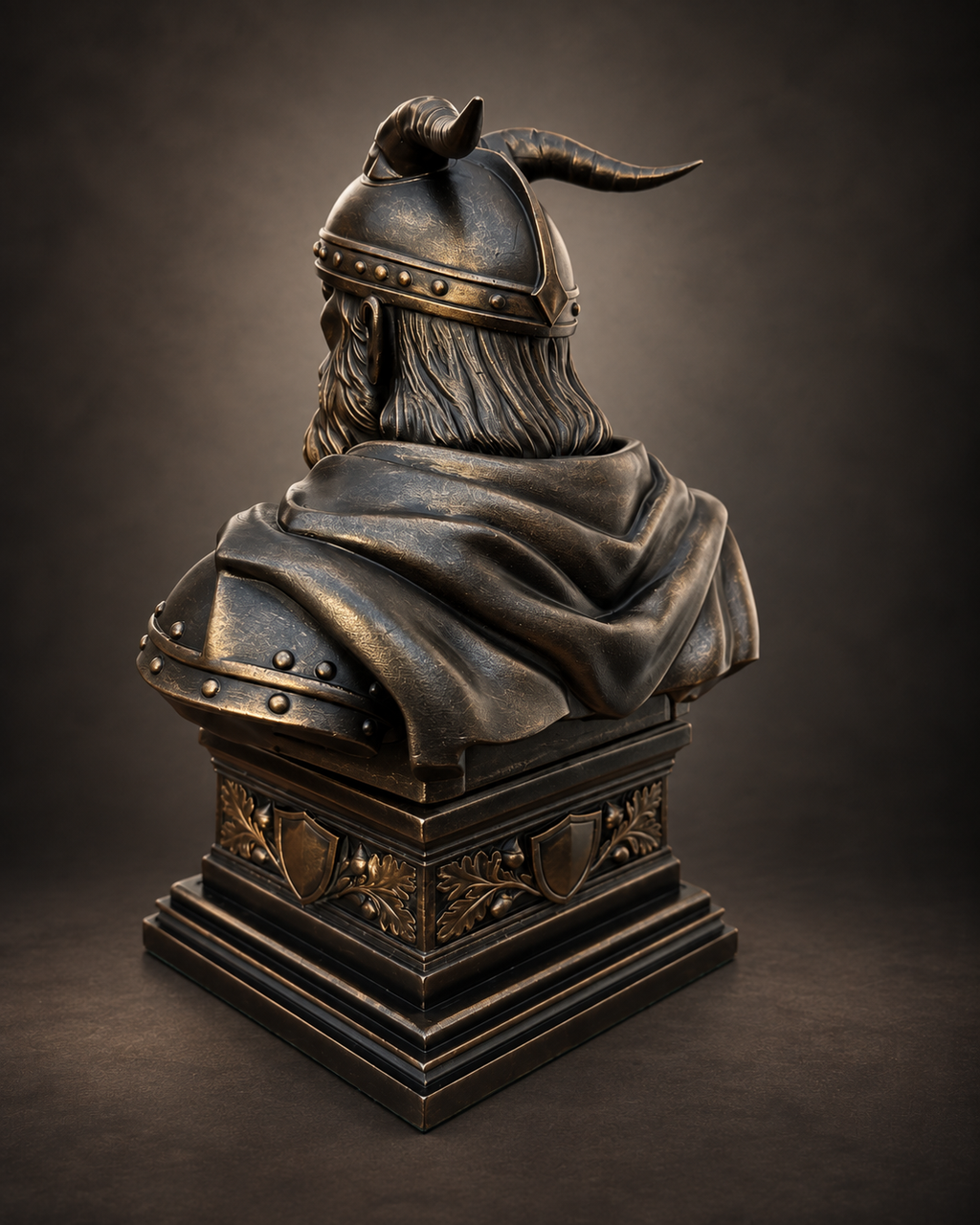 Skanderbeg sculpture with horned helmet, gallery view
