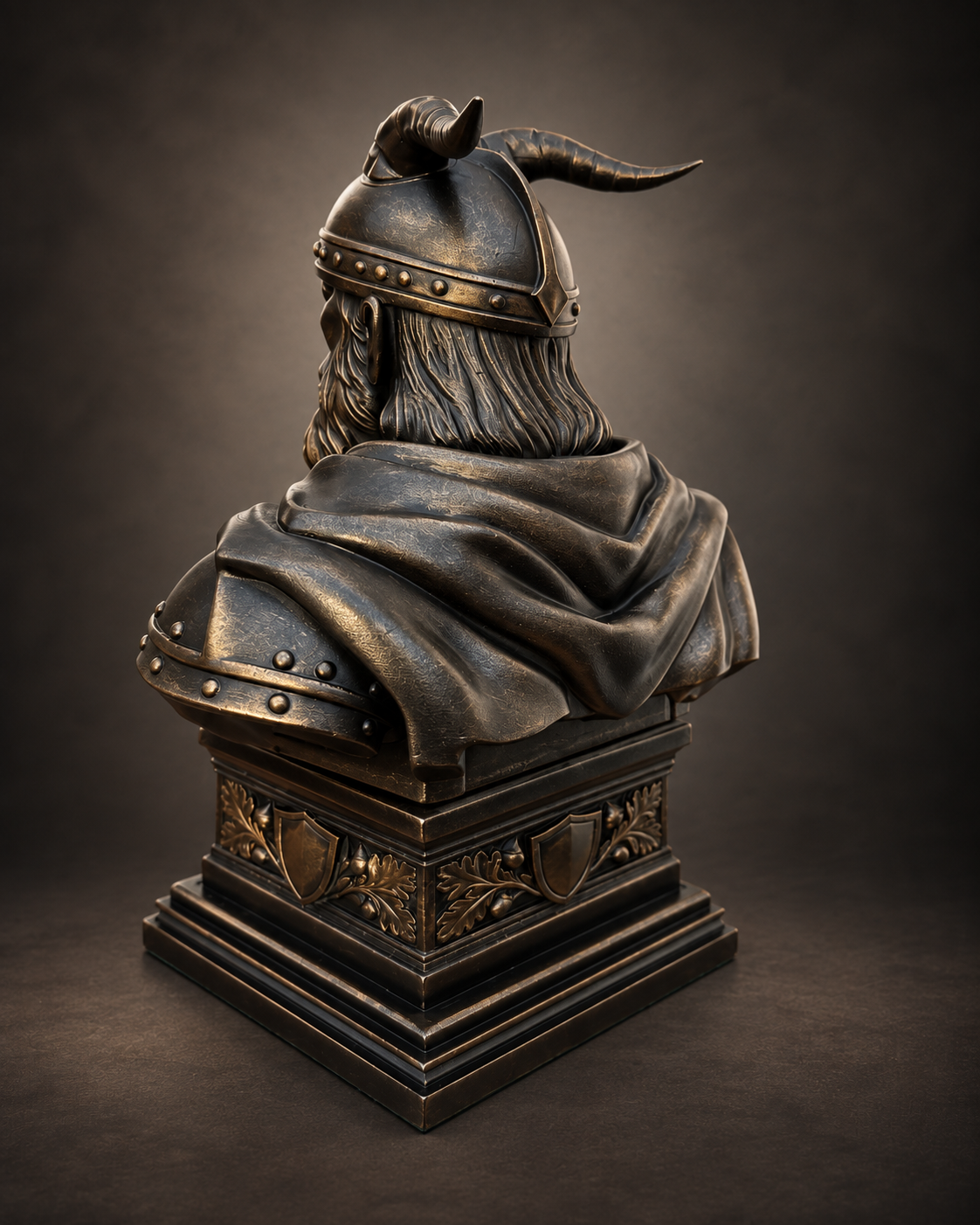 Skanderbeg sculpture with horned helmet, gallery view