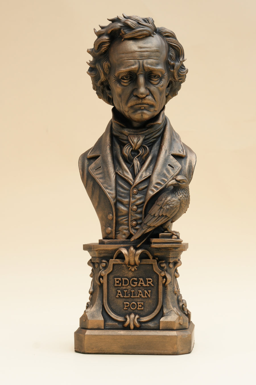 Edgar Allan Poe bronze-effect bust with raven, front view