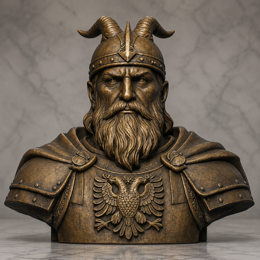 Skanderbeg bronze-effect bust, front view