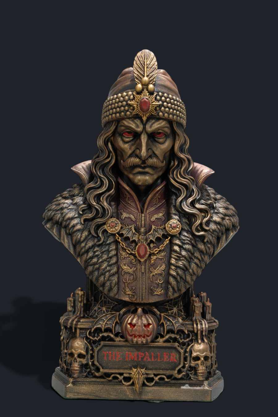 Vlad the Impaler Gothic Bust in a bronze-effect finish, front view with red accents and a skull-decorated base.