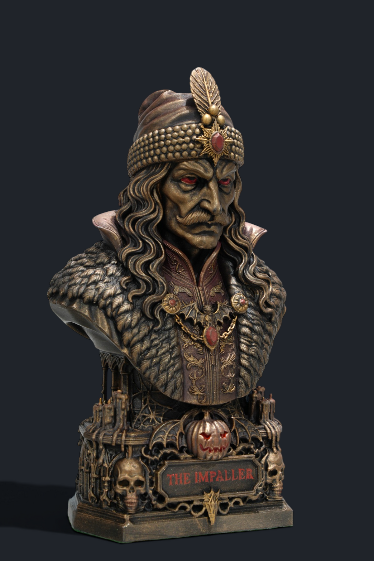 Vlad the Impaler Gothic Bust, three-quarter view showing the decorated cap, flowing hair and textured mantle.